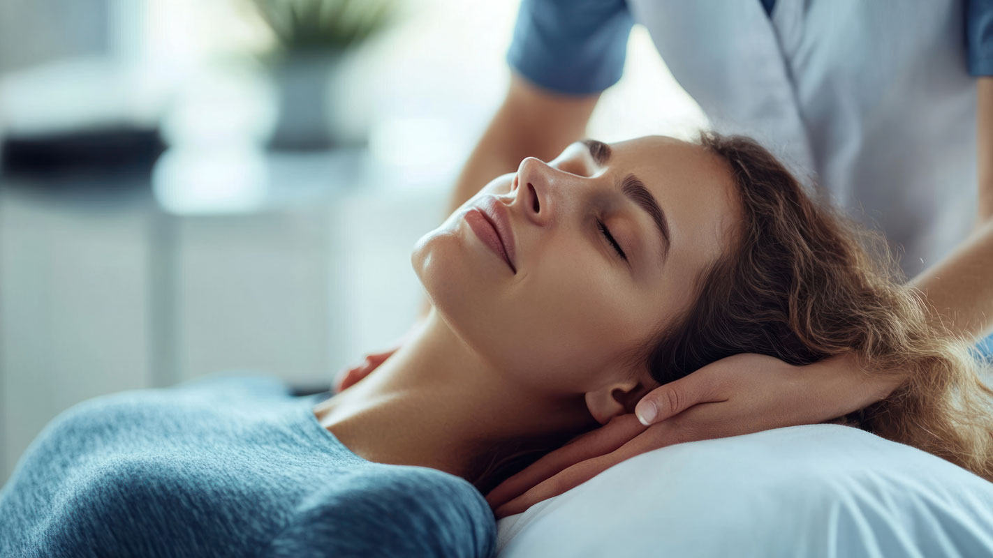 Woman is relaxed with head on a pillow having her neck massaged.