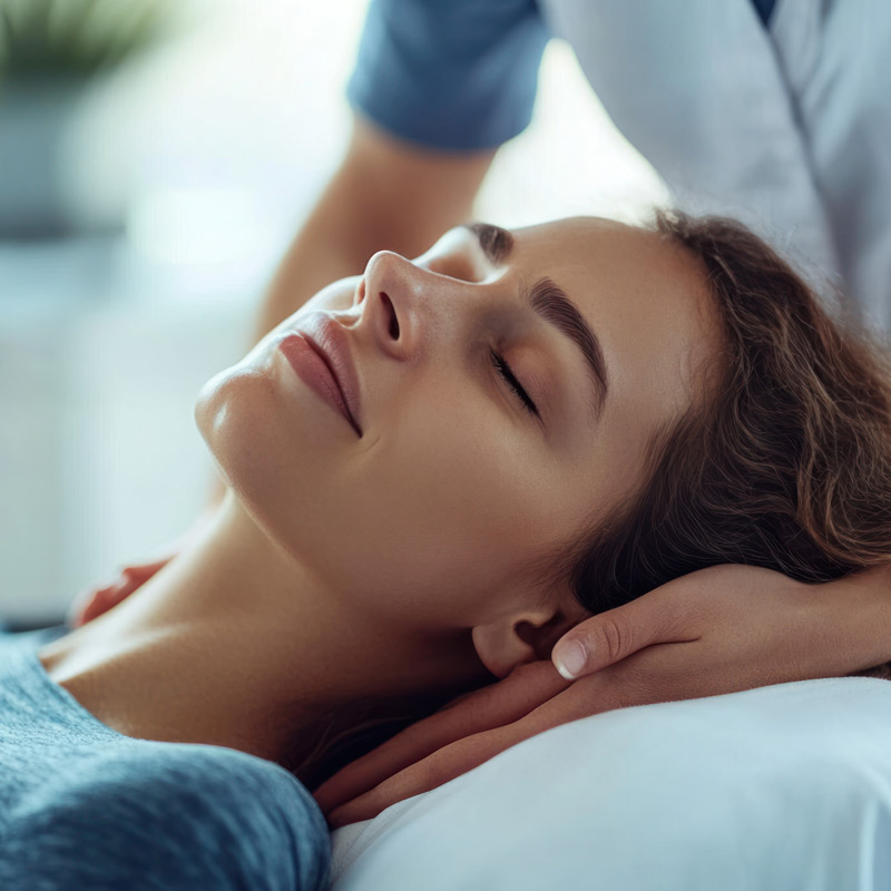 Woman is relaxed with head on a pillow having her neck massaged.