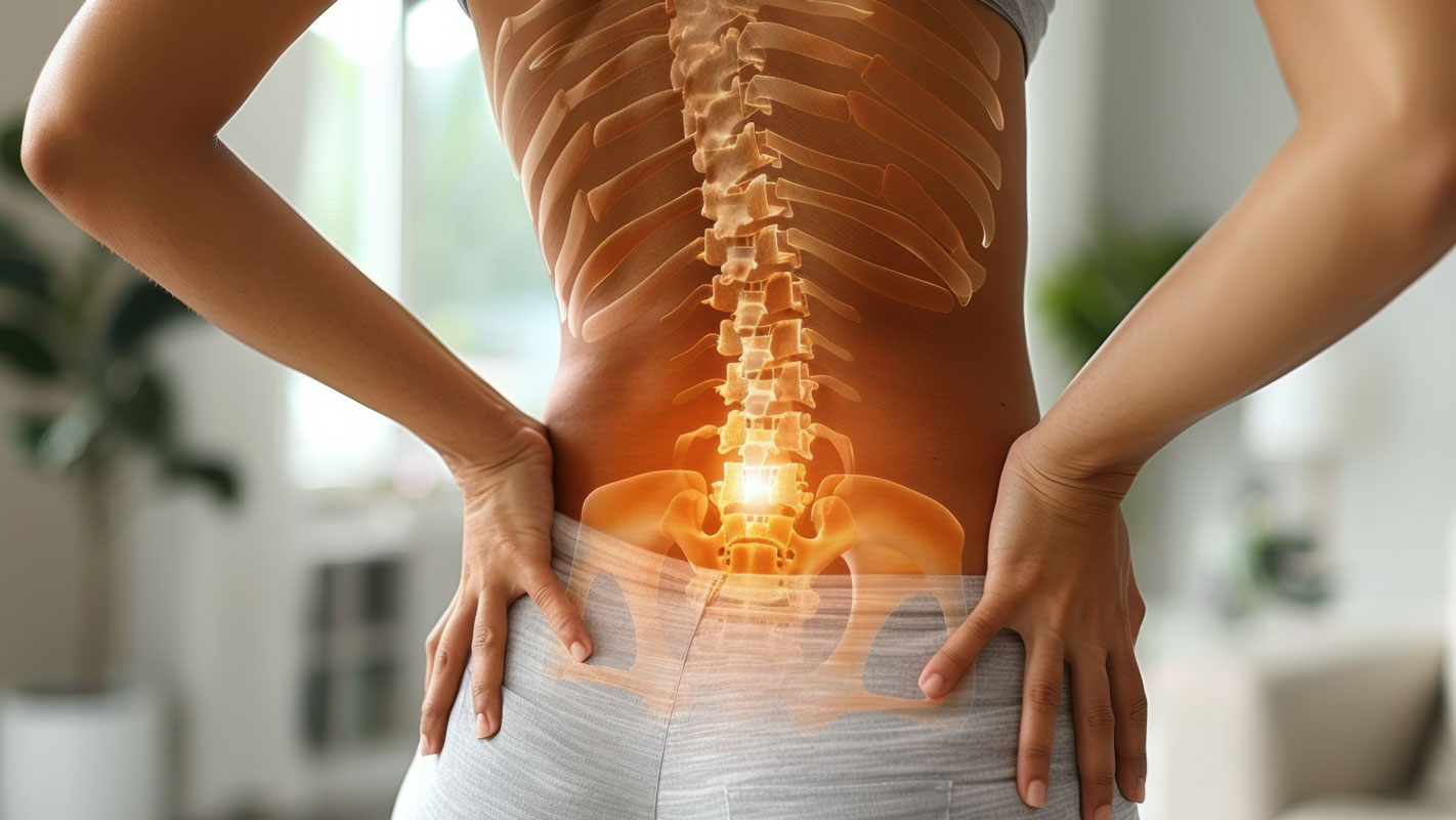 Woman standing straight with imaging of her spine.